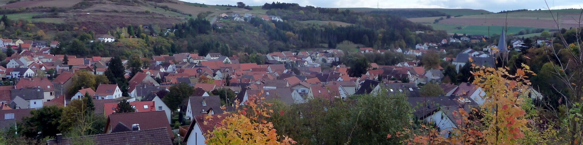 A town with red-roofed houses, autumn foliage, and a church steeple.