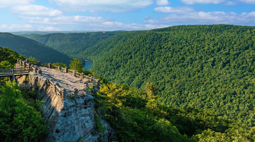 Aerial panoramic image of the Cheat River gorge and the Coopers Rock overlook and viewing platform in summer