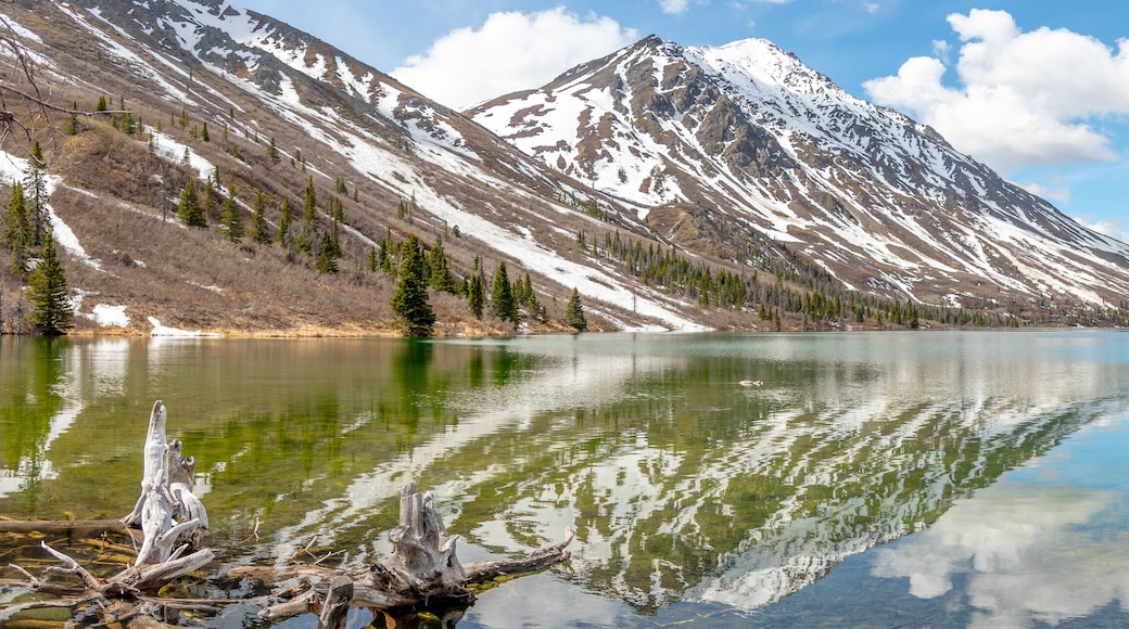 Panoramic view of St Elias Lake in northern Canada with calm, reflective water below snow capped peaks.