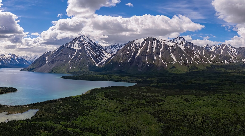 Spectacular aerial view of Kathleen Lake and the surrounding mountains on a beautiful, summer day near Haines Junction; Yukon, Canada