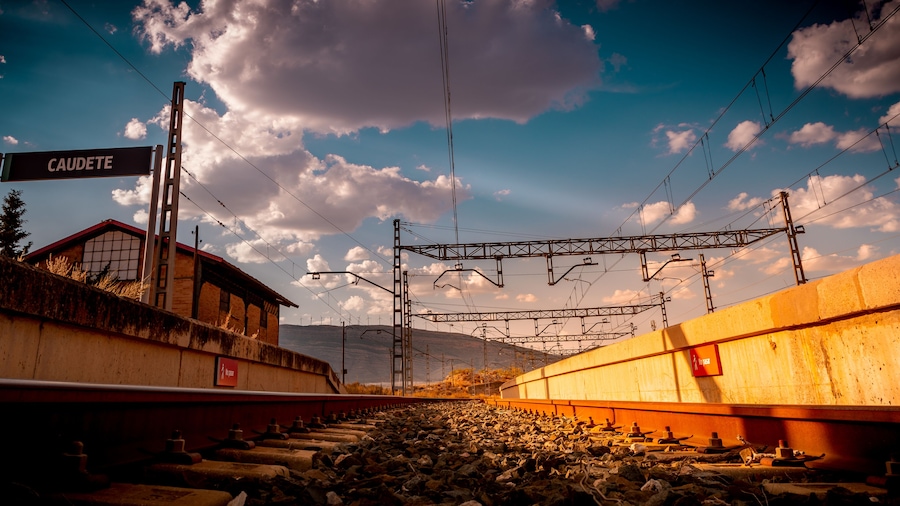 A low angle shot of railway during sunset in Caudete, Spain