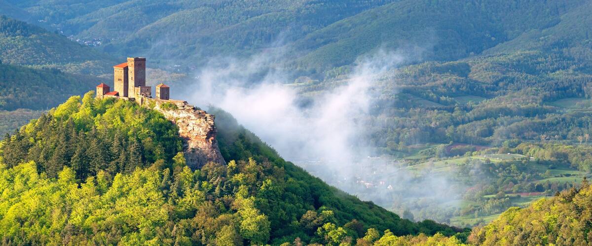 A castle on a hill with misty surroundings.