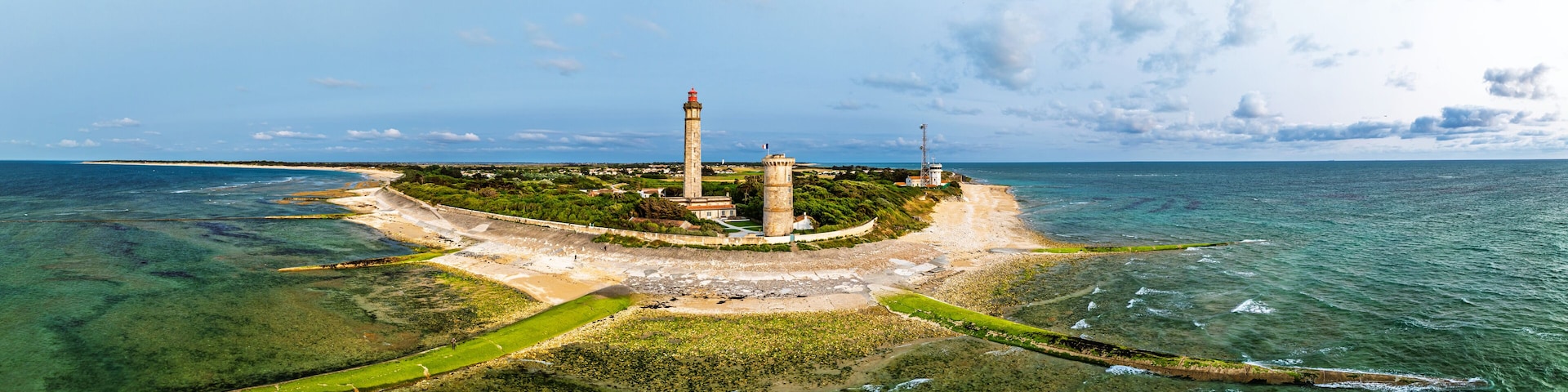 Panorama of WHALE LIGHTHOUSE from a drone, Saint-Clement-des-Baleines, Atlantic, France, Europe
