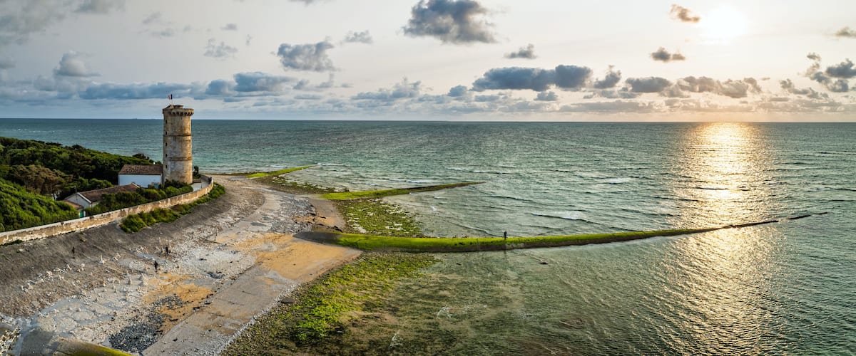 Panorama of WHALE LIGHTHOUSE from a drone, Saint-Clement-des-Baleines, Atlantic, France, Europe