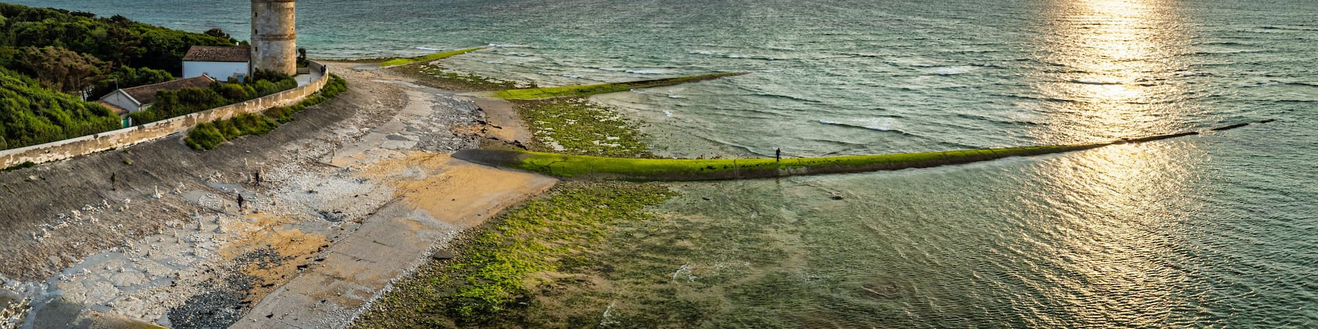 Panorama of WHALE LIGHTHOUSE from a drone, Saint-Clement-des-Baleines, Atlantic, France, Europe