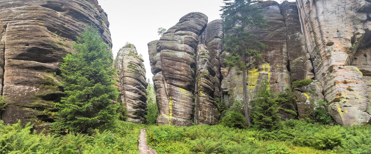 Adrspach-Teplice Rocks, sandstone formations in Hradec Kralove Region in Czech Republic, Europe. Striking sandstone rock formations showcasing nature's artistry, amidst lush greenery and scenic trails