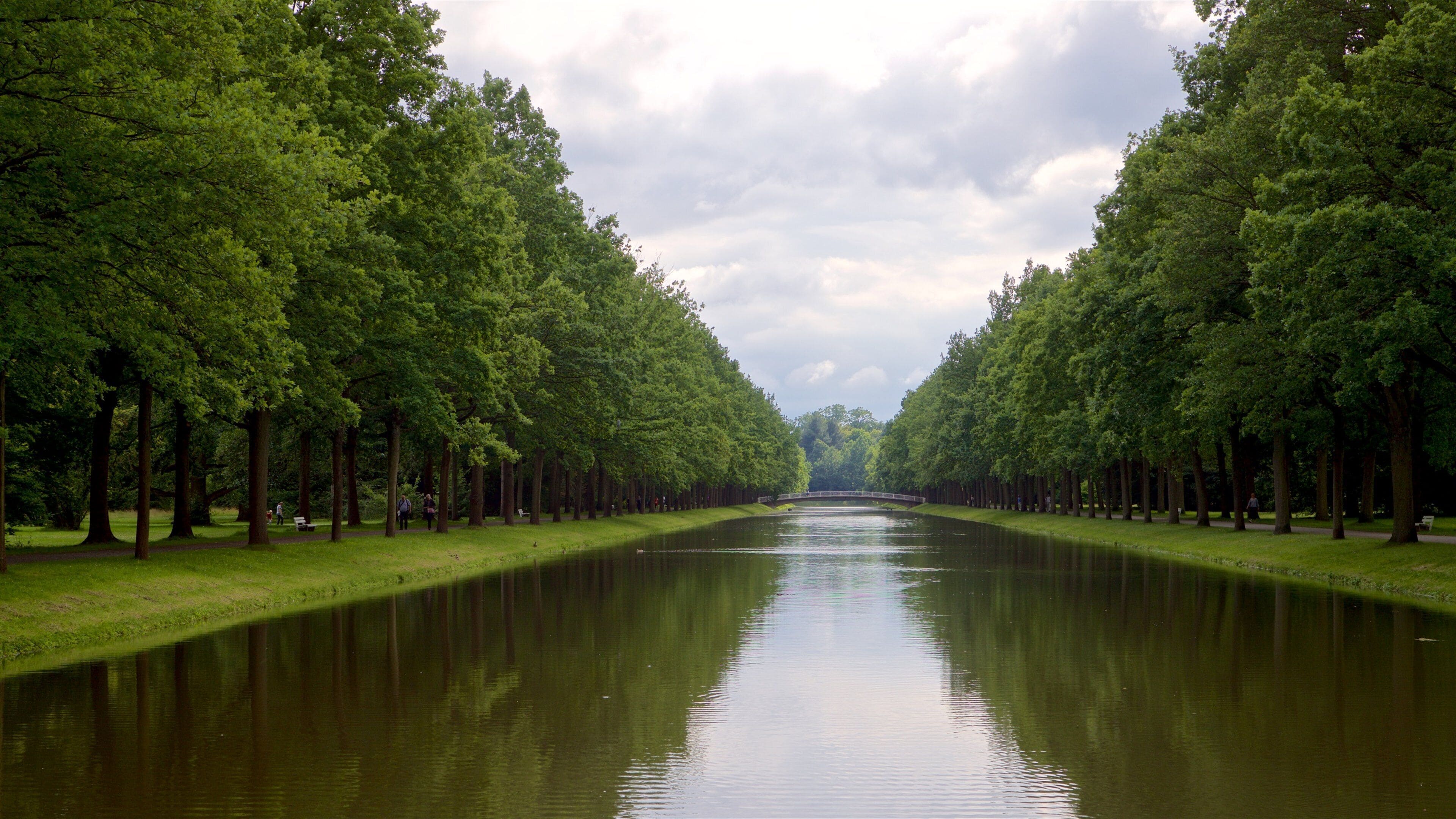 Ein Kanal, gesäumt von hohen Bäumen, unter einem bewölkten Himmel.