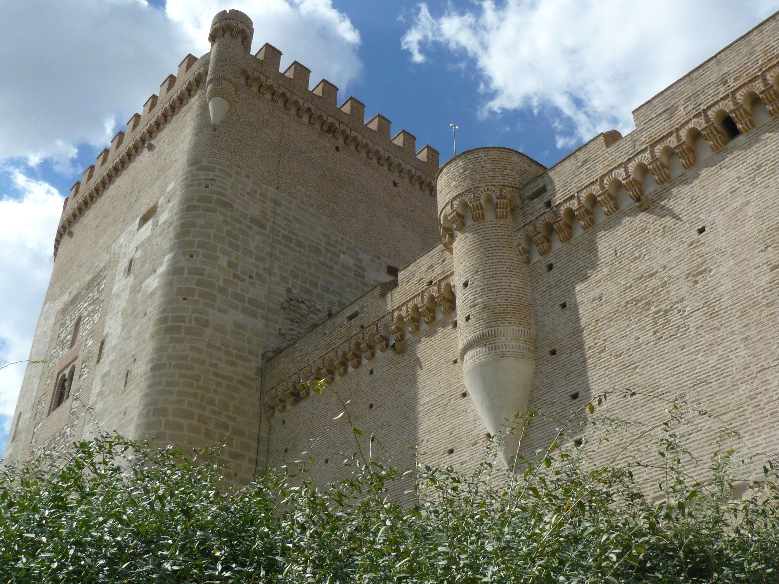 A medieval castle with a tall tower and crenellated walls.