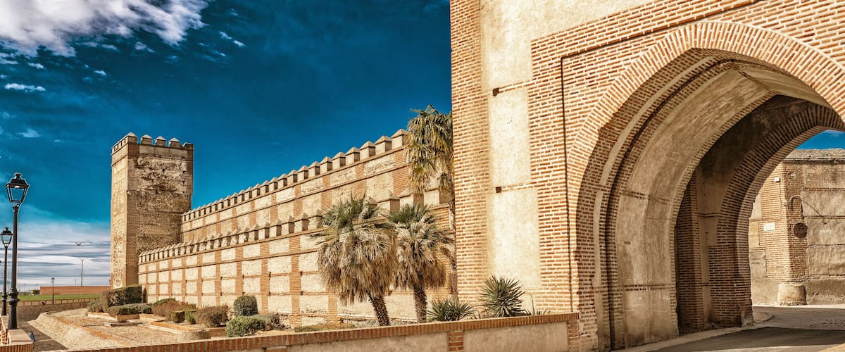 A historic stone archway with a tall tower and palm trees in the foreground.