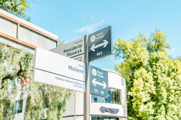 Avenida Presidente Masaryk and Moliere street signs in Polanco, Mexico