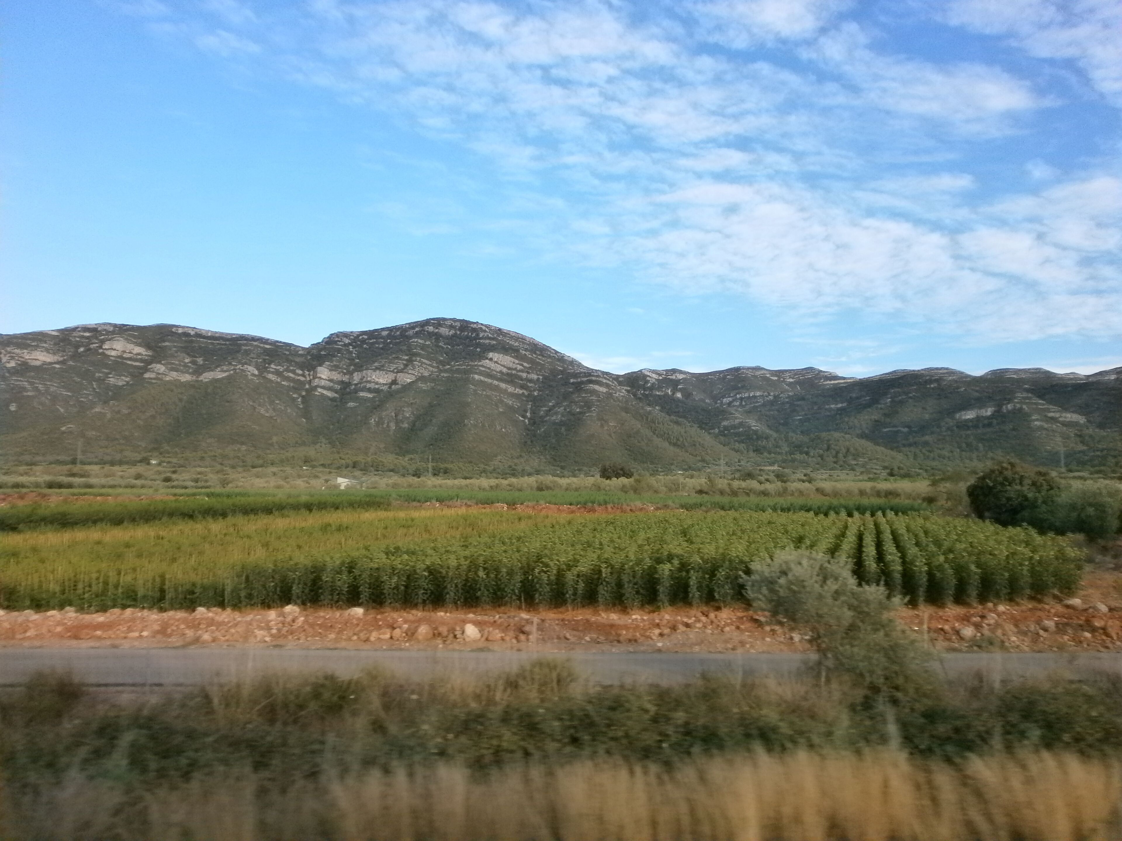 A mountainous landscape with a river in the foreground and fields of crops.