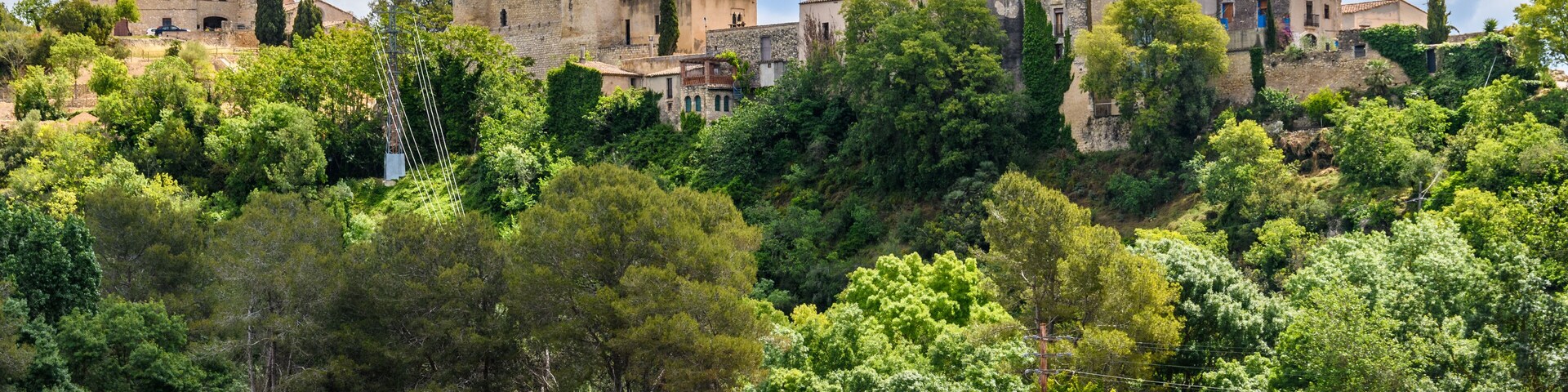 Un castillo histórico rodeado de exuberante vegetación y viñedos.