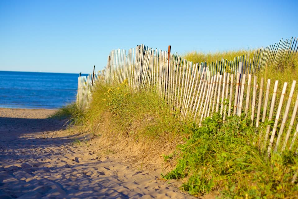 Een zandpad langs het strand, met een houten hek en gras.