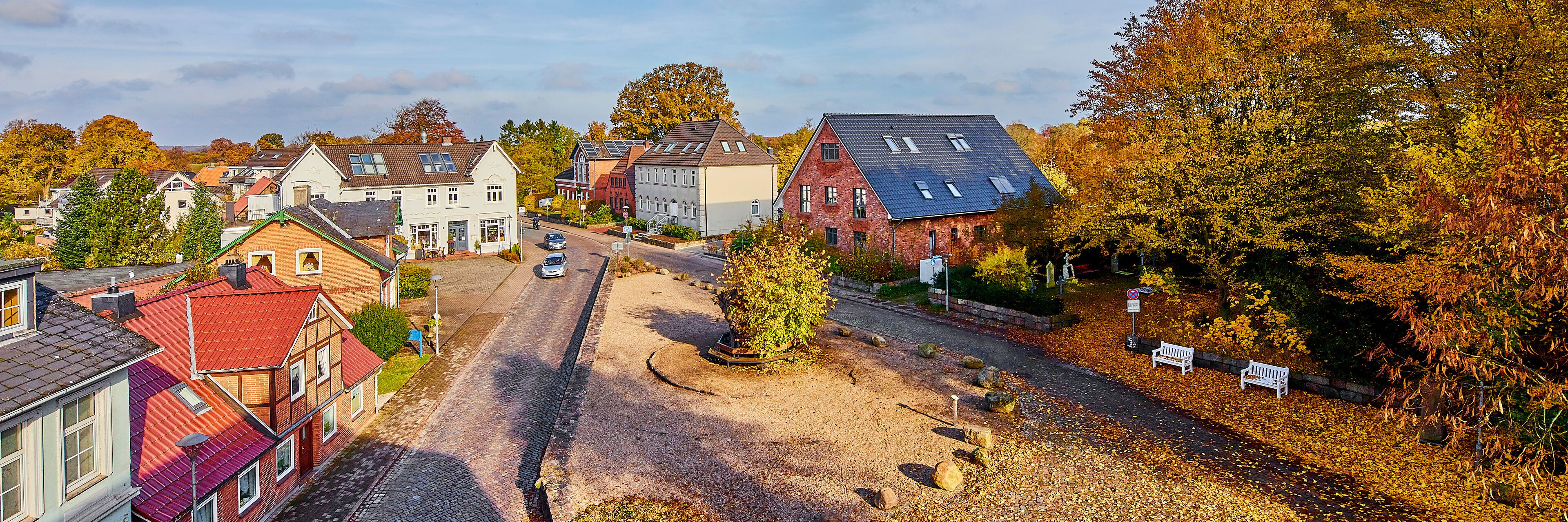 A cobblestone street lined with houses and trees in autumn.