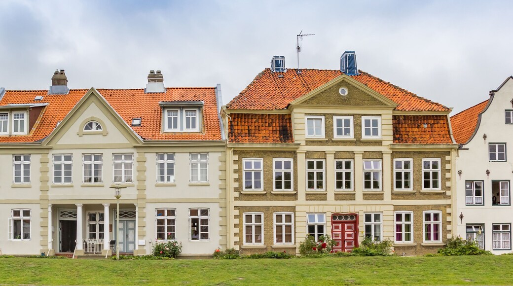 Panorama of historic houses on the dike in Gluckstadt