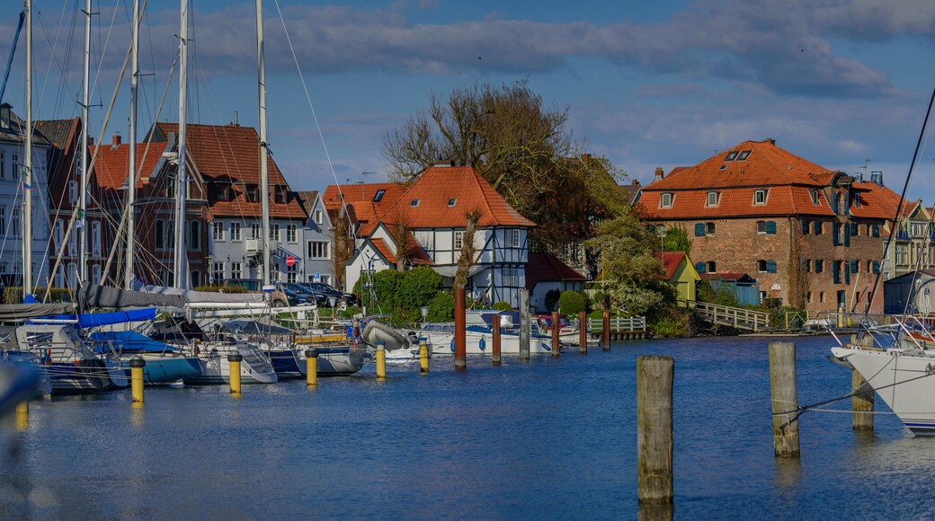 Panorama view of harbor of Glückstadt on the right bank of the Elbe, Steinburg, Schleswig-Holstein, Germany. Yachts moored in harbor of riverside town.