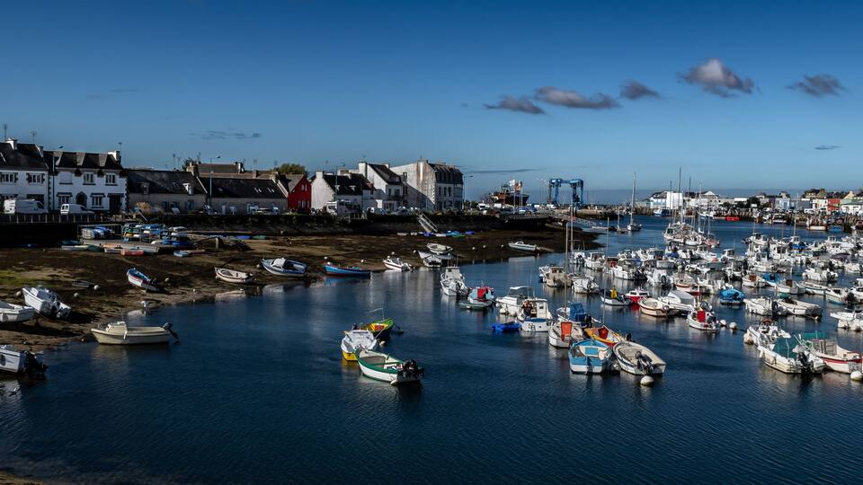 A harbor filled with boats, a sandy shore, and buildings along the water's edge.