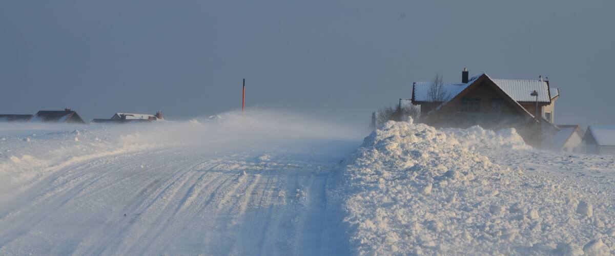 A snowy landscape with a house and a red pole in the distance.