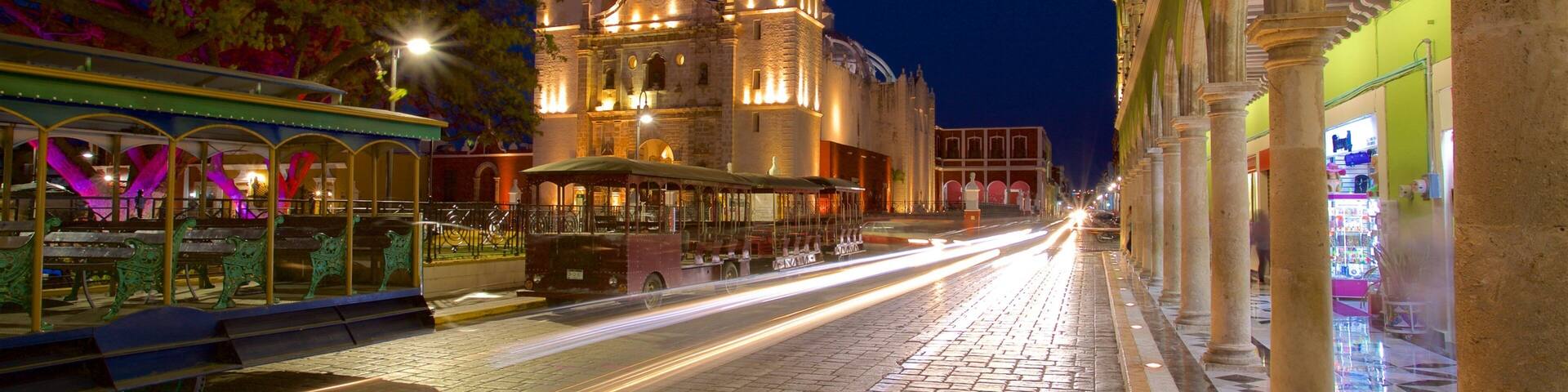 Campeche Cathedral which includes night scenes and heritage architecture