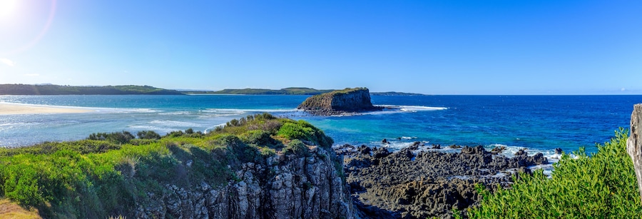 Australian landscape panorama view of the mouth of the Minnamurra river, out to Stack Island in the South Pacific Ocean, Minnamurra, New South Wales, Australia