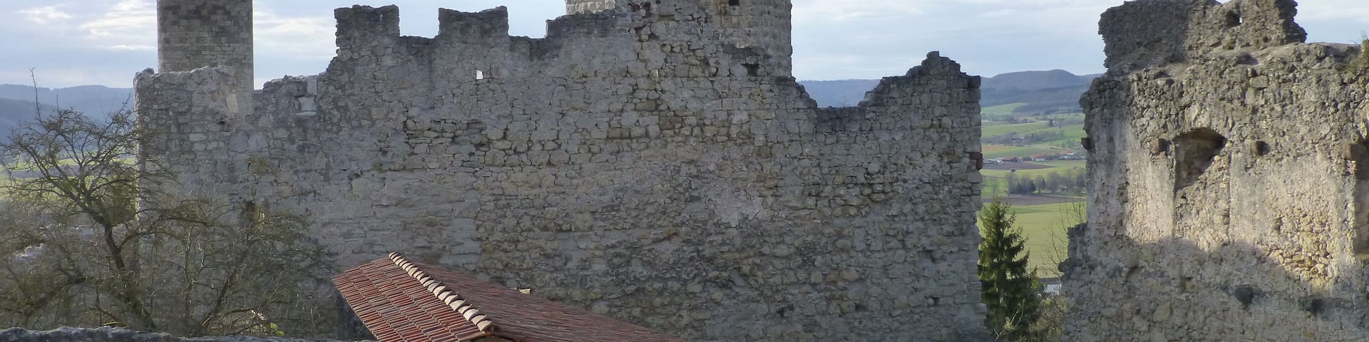 Burgruine Brandenburg; Blick vom Hocheingang des Wohnturms auf die Burganlage mit dem sechseckigem Bergfried der Ostburg und links dahinter dem runden Bergfried der Westburg