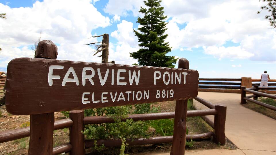 A sign reading "Farview Point Elevation 8819" with a wooden fence and a person in the background.