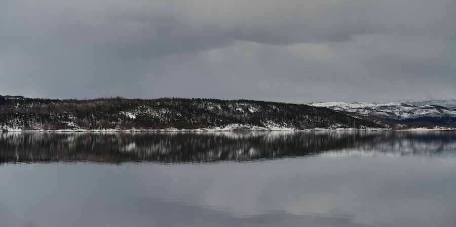 Reflection of mountain in water, Saltdal Fjord, Norway