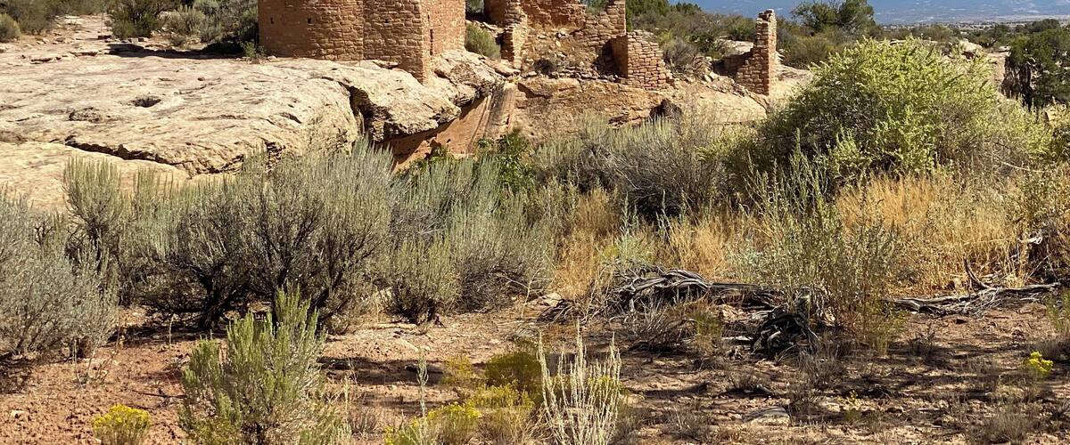 Ancient ruins with a mountainous backdrop.