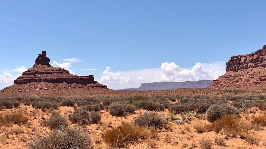 Battleship rock, located on the left, is one of the monoliths you can see along the 16 mile Valley of the Gods scenic byway.
