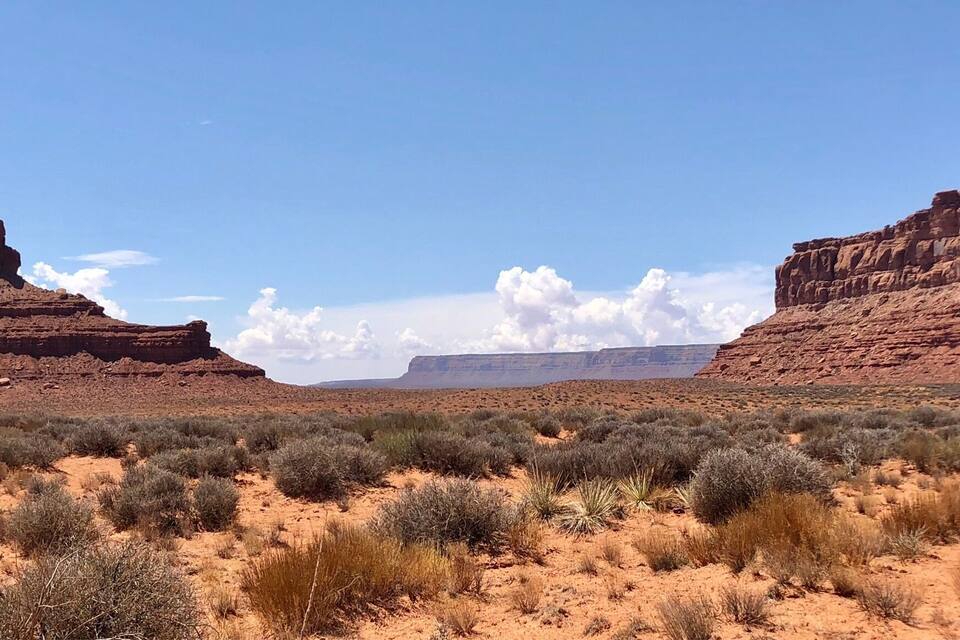 A desert landscape with two prominent rock formations and sparse vegetation.