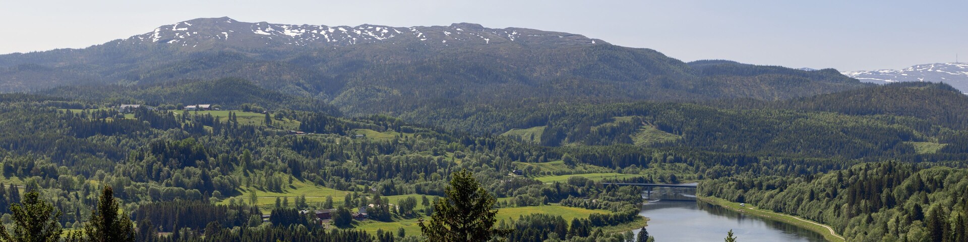 Summer day in Grong kommune, Trondelag, Norway, showcasing a panoramic view of a meandering river bordered by dense forests under a clear blue sky