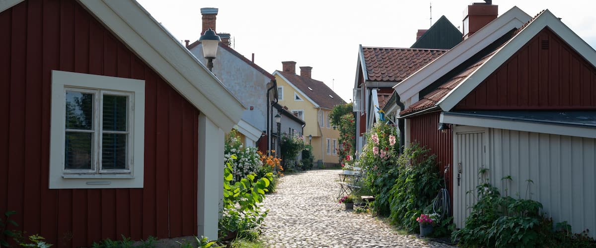A cobblestone street lined with red and white houses, surrounded by greenery and flowers.