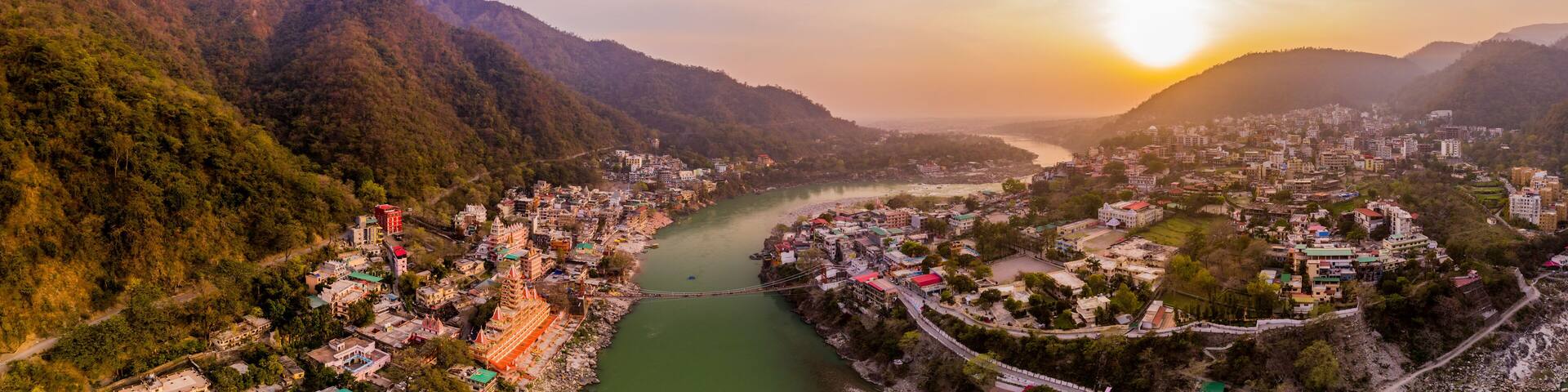 Sunset at Himalaya mountains, India, aerial drone view