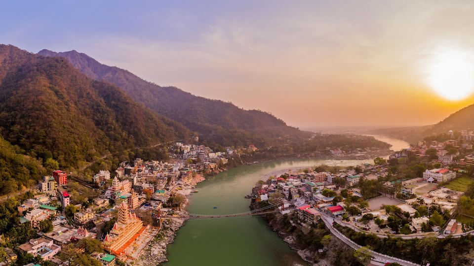 Sunset at Himalaya mountains, India, aerial drone view