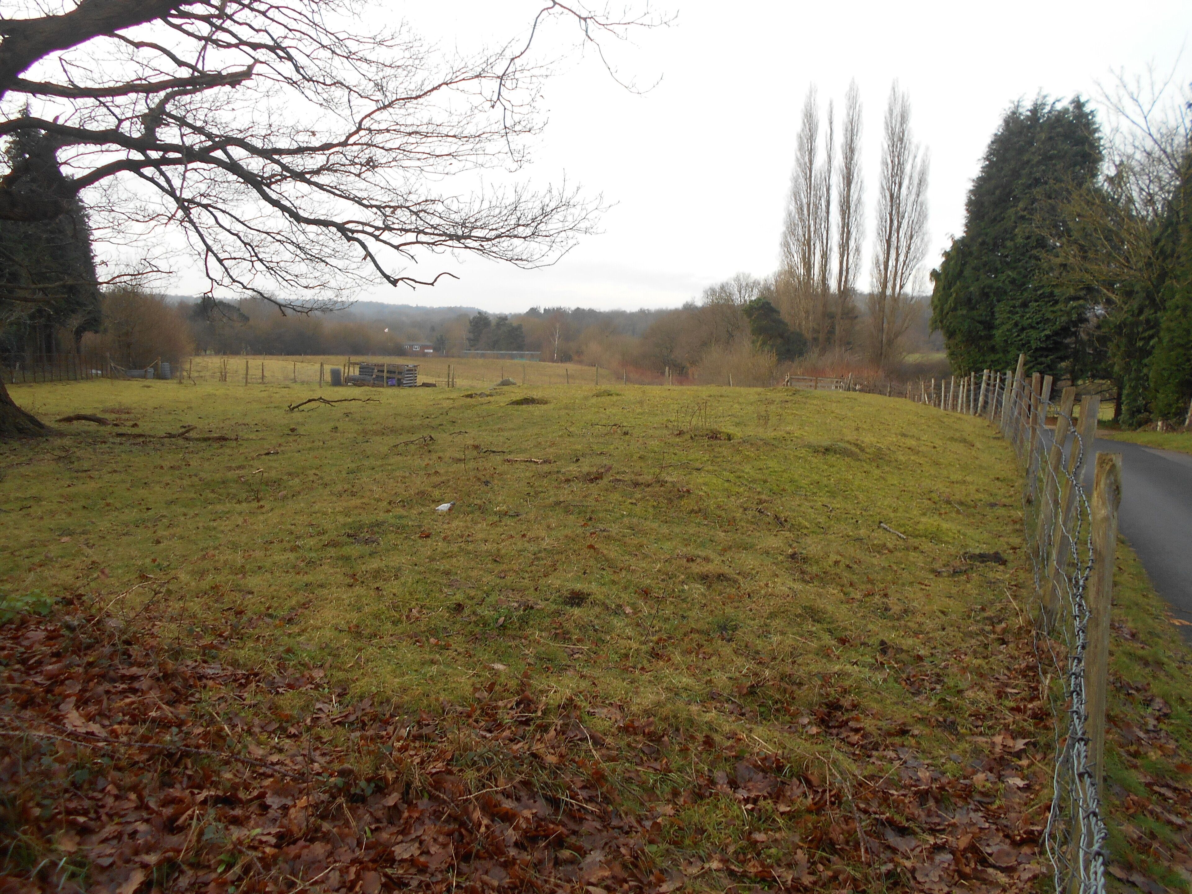 Addington Long Barrow, one of the Medway Megaliths, in the village of Addington, Kent. The barrow is cut in half by a modern road. This photo is of the portion to the south of the road; most of the sarstens are on the other side of the road, but the ridge of the barrow mound and the odd sarsten are visible to the south.