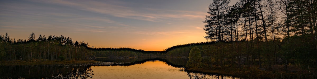 Ein ruhiger See, der Bäume und einen Sonnenuntergangshimmel spiegelt.