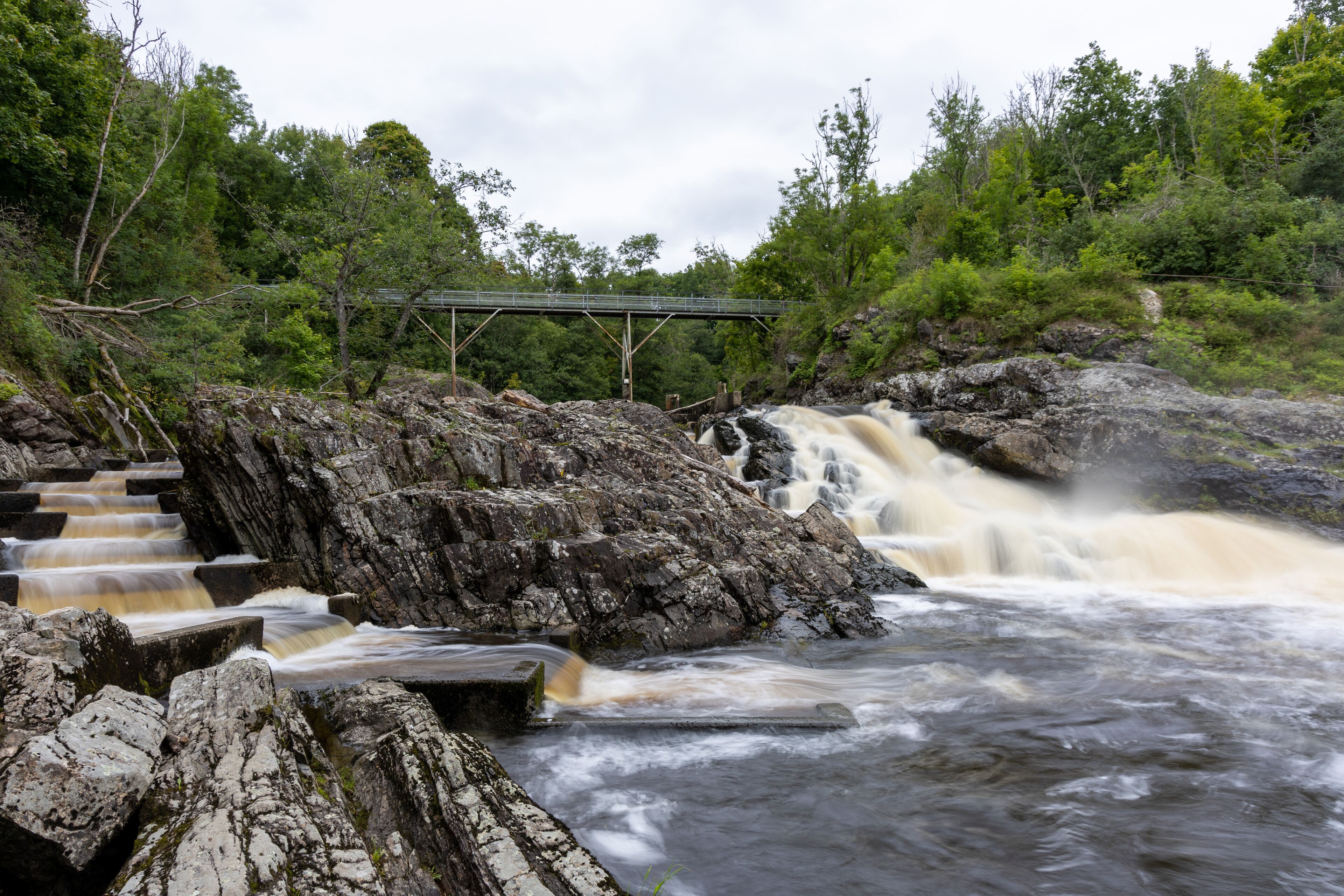 Stream of water and salmon stair in long exposure and monochrome