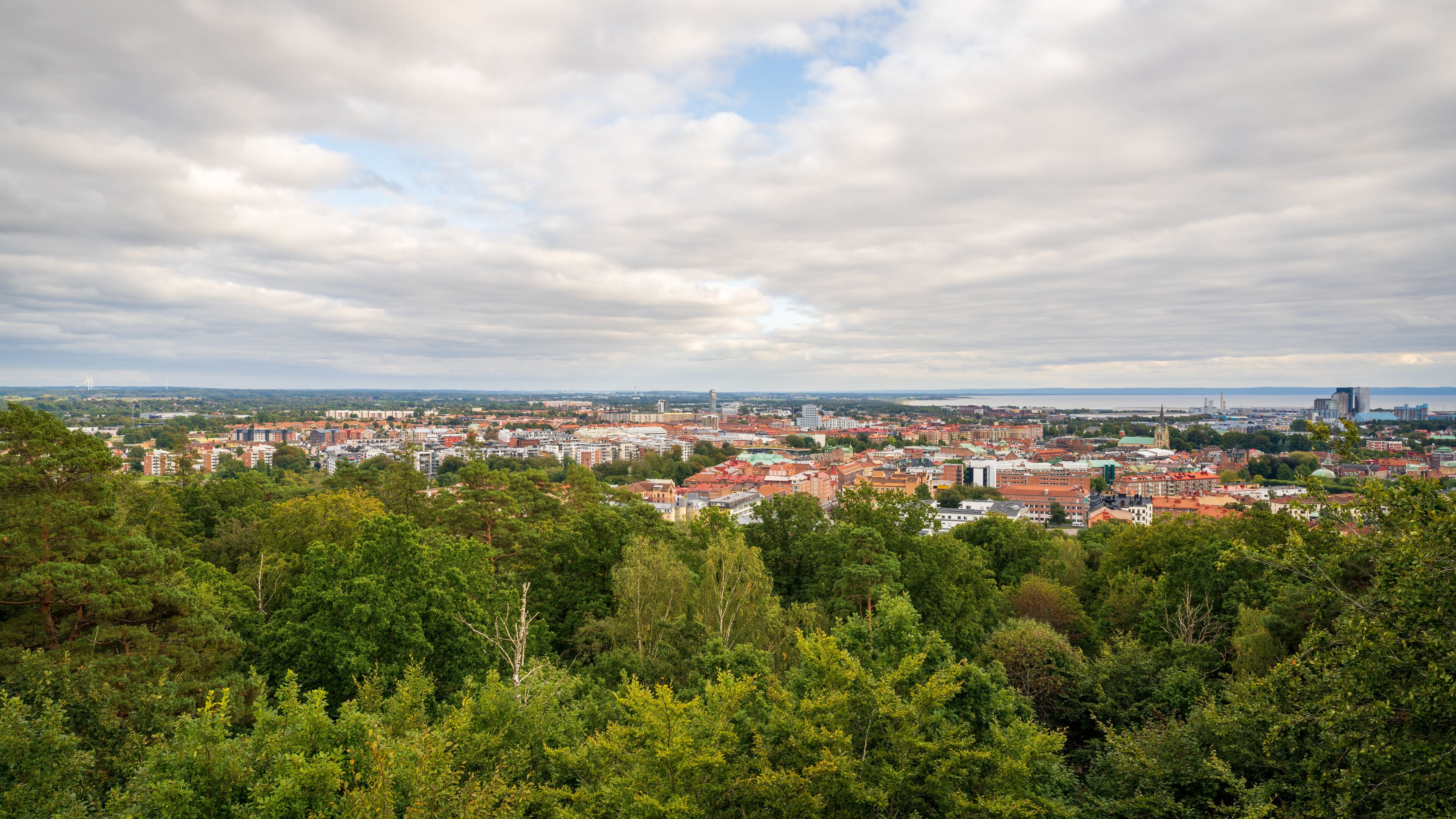 A cityscape with a mix of red-roofed buildings and green trees in the foreground.
