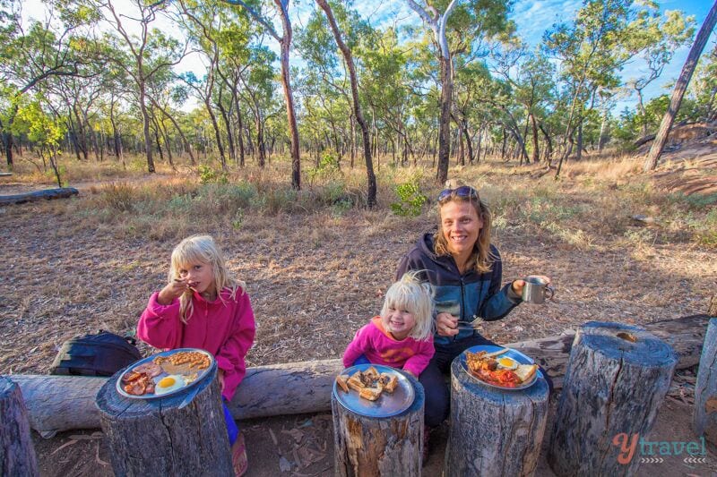 The bush breakfast is served every morning at the Ringers Camp.

Who doesn’t love a good bush breaky with your billy tea or freshly brewed coffee, toast cooked over the fire – a favourite activity with our kids –  and hot breakfast of bacon, sausages and eggs to start your day.

Enjoy the early morning air and being surrounded by bouncing kangaroos, wandering cattle and swooping ravens, kookaburras and kites (watch for the food swiping!)