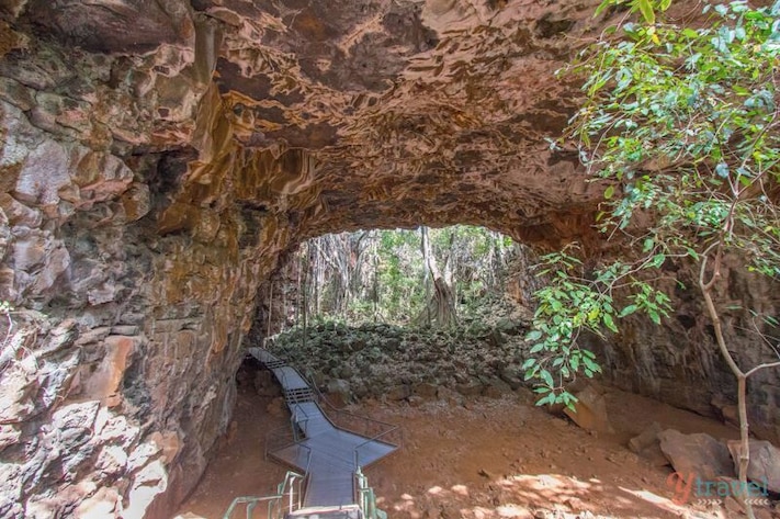 Inside the entrance to a lava tube that's hundreds of thousands of years old at Undara Experience in outback North Queensland. Best of its kind in Australia.