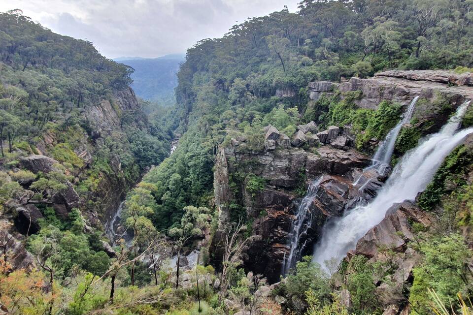 A lush valley with multiple waterfalls cascading down rocky cliffs, surrounded by dense greenery and forested hills.