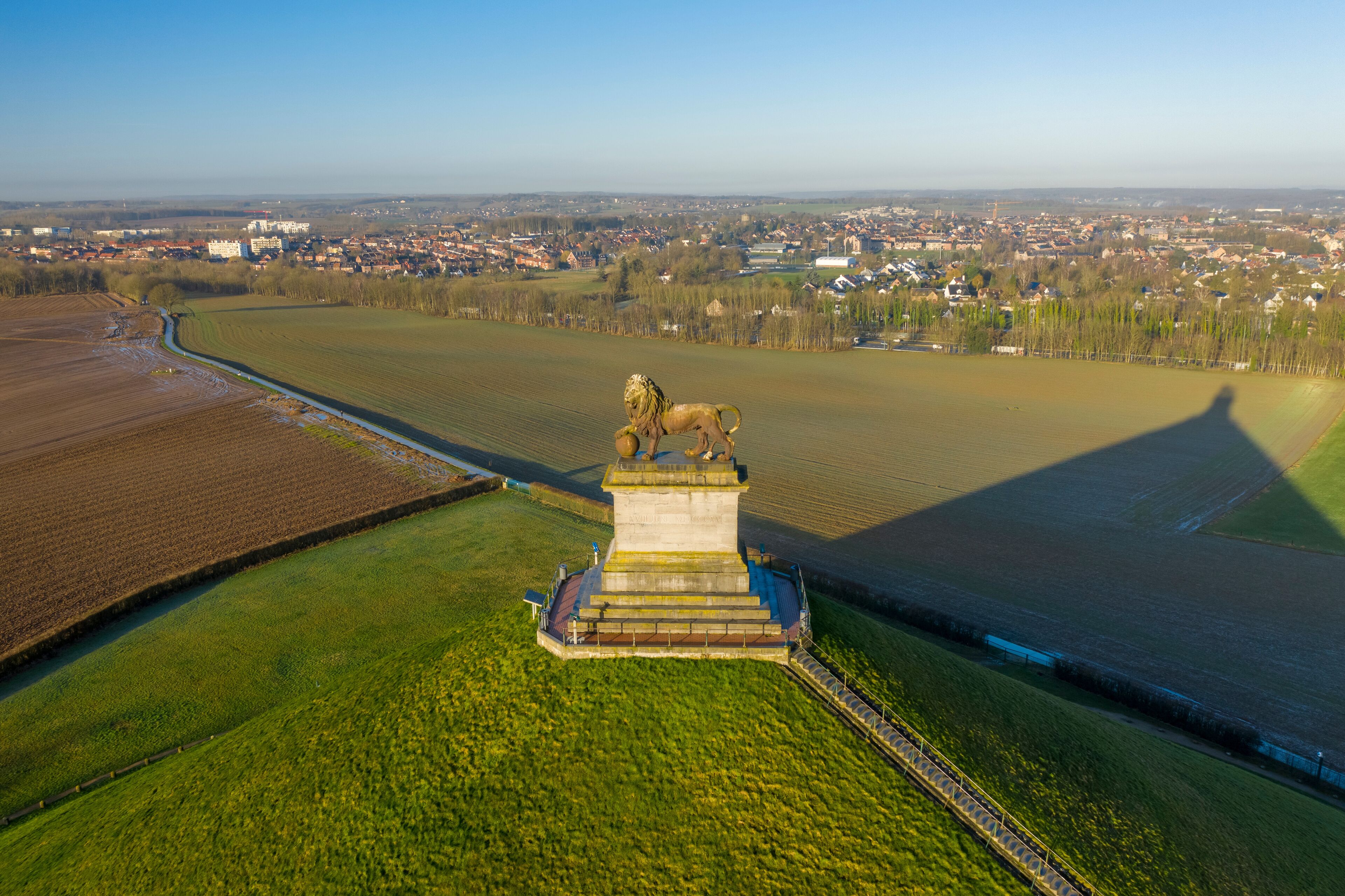 Aerial view of Waterloo War Memorial monument (Memorial de la Bataille) in a public park, Braine-l'Alleud, Belgium.