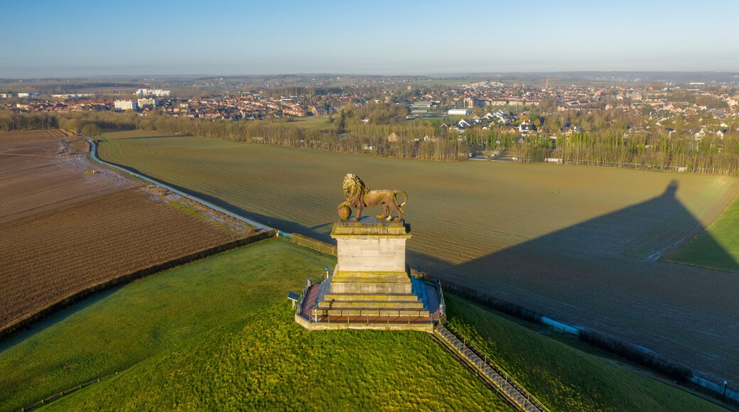 Aerial view of Waterloo War Memorial monument (Memorial de la Bataille) in a public park, Braine-l'Alleud, Belgium.