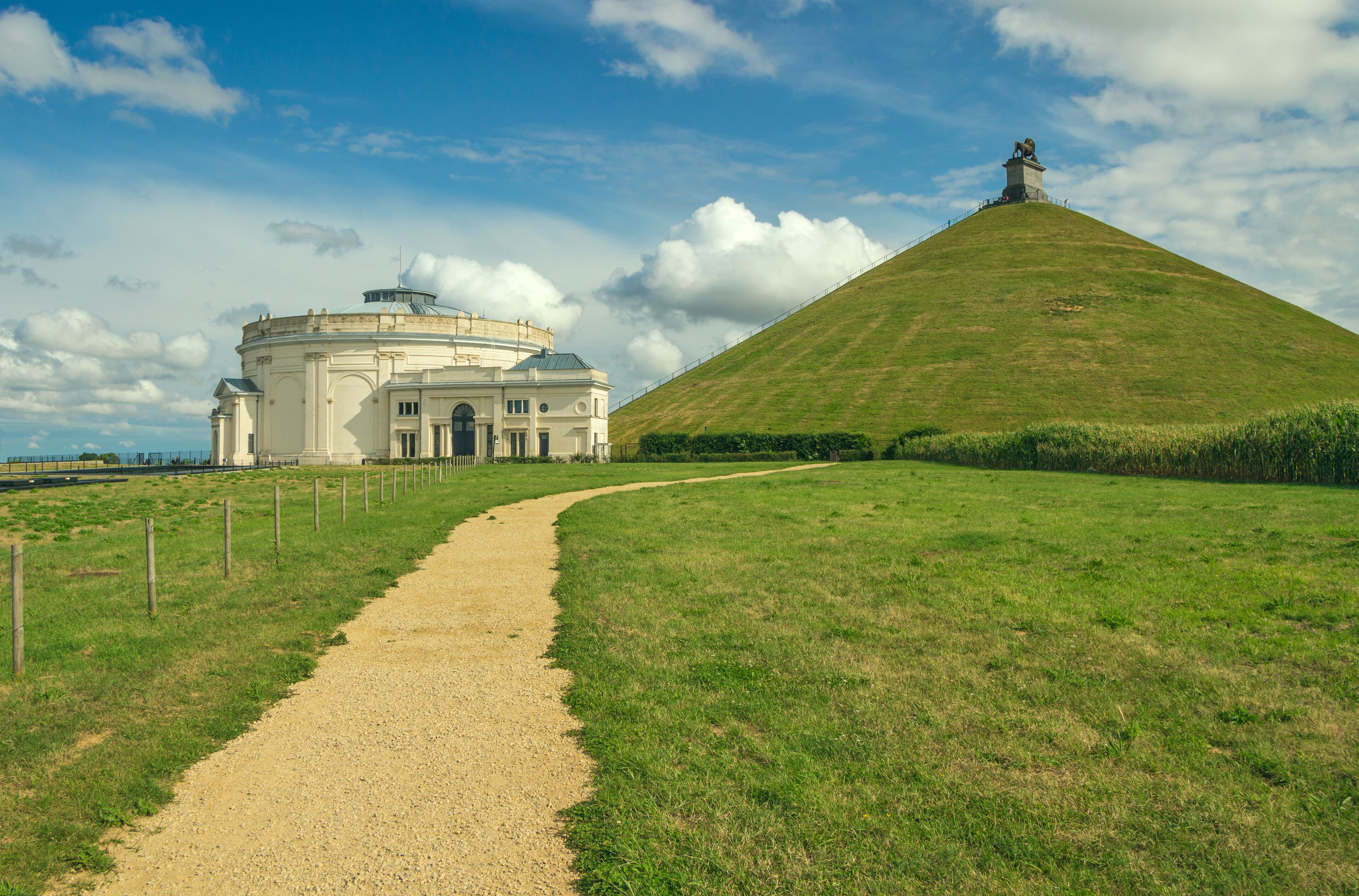 Belgium - Wallonia - Lion's Mound (Butte du Lion) memorial site, a conical artificial hill, and old panorama building located in Braine-l'Alleud comemmorating the battle of Waterloo