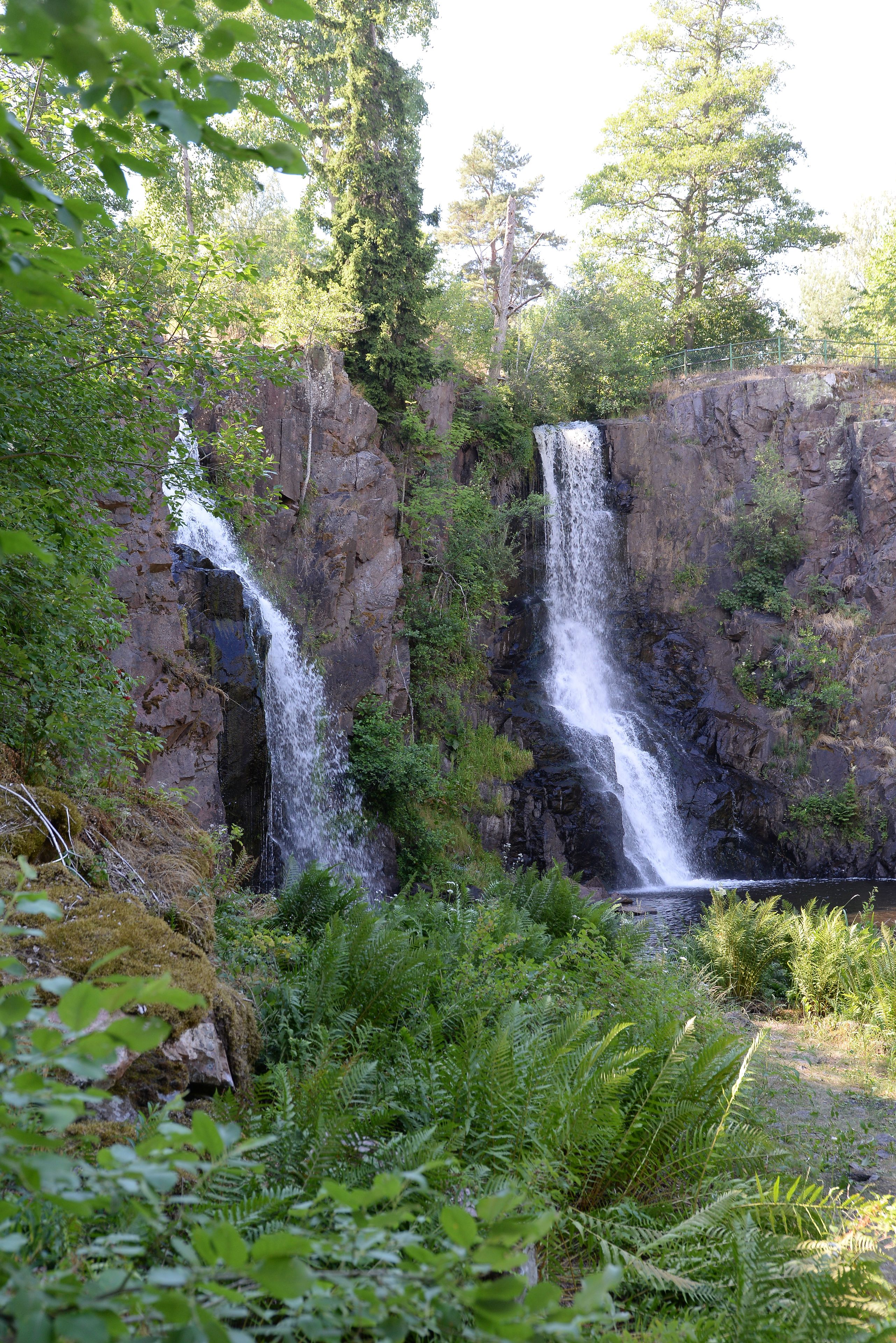 Uma cachoeira despencando sobre um terreno rochoso, cercada por vegetação exuberante.