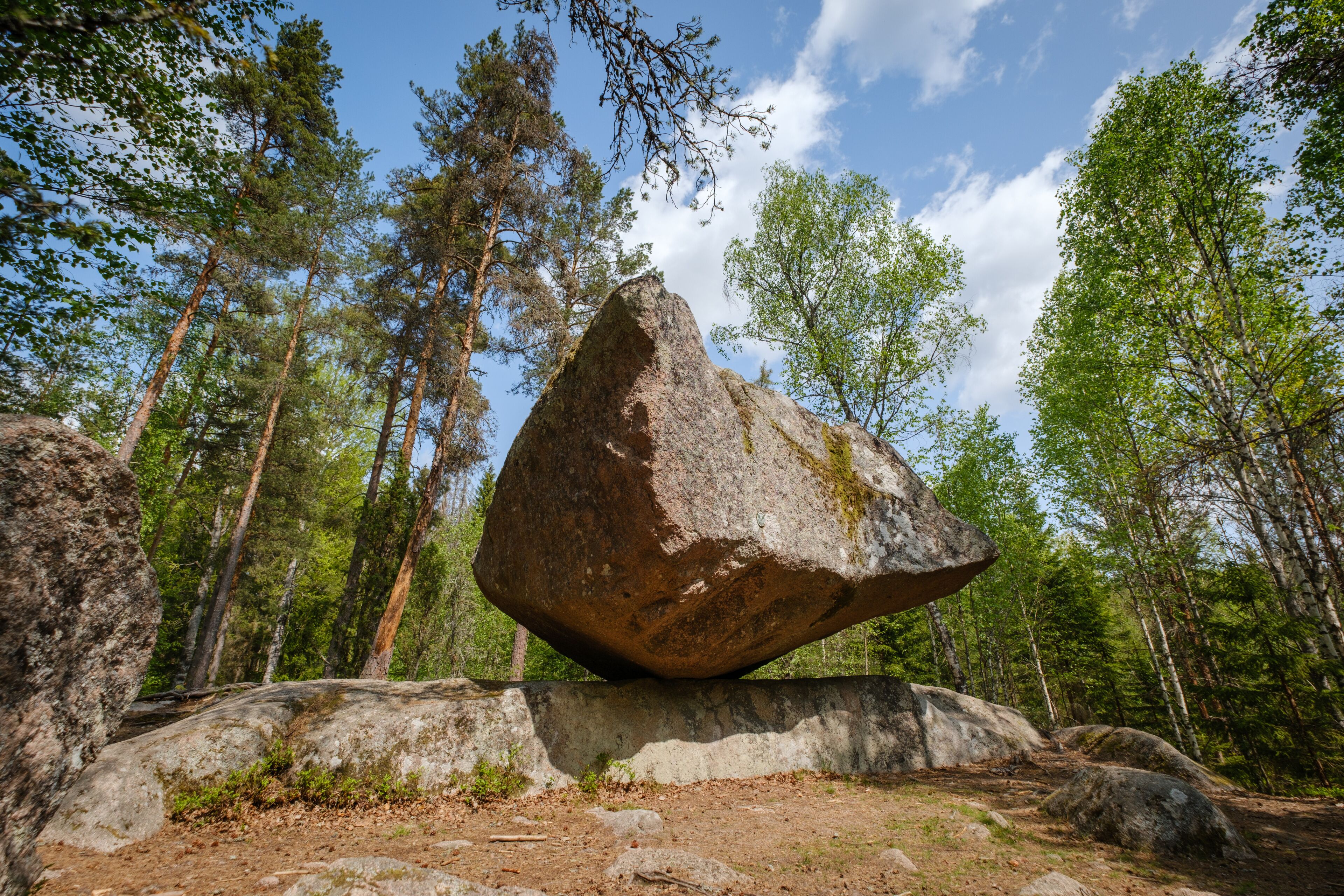 A large balanced rock formation in a forest with tall trees and a clear sky.
