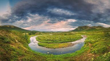 River bend near the lake Savalen, Fjell, landscape shot, evening mood, Savalen, Tynset, Innlandet, Norway, Europe