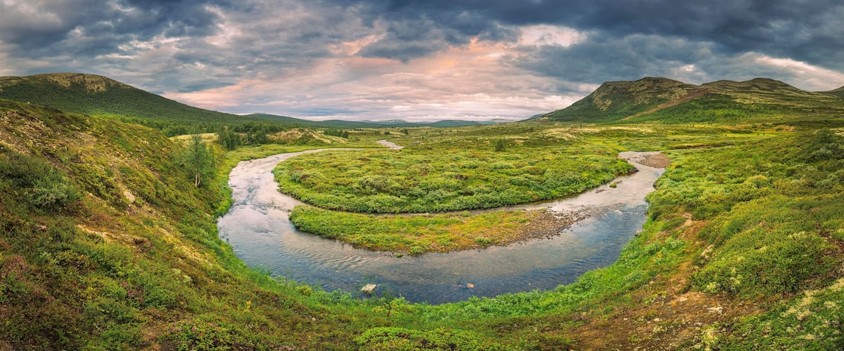 A river meandering through a lush valley with hills on either side.