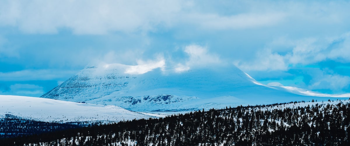 A snow-covered mountain with a forested foreground and a cloudy sky.