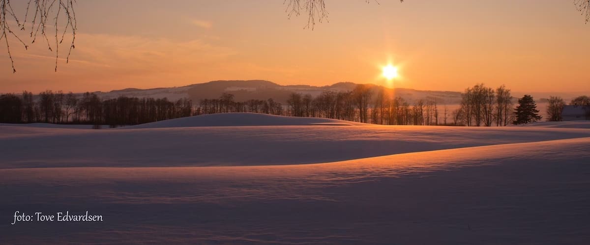 The sunset is coloring the snow